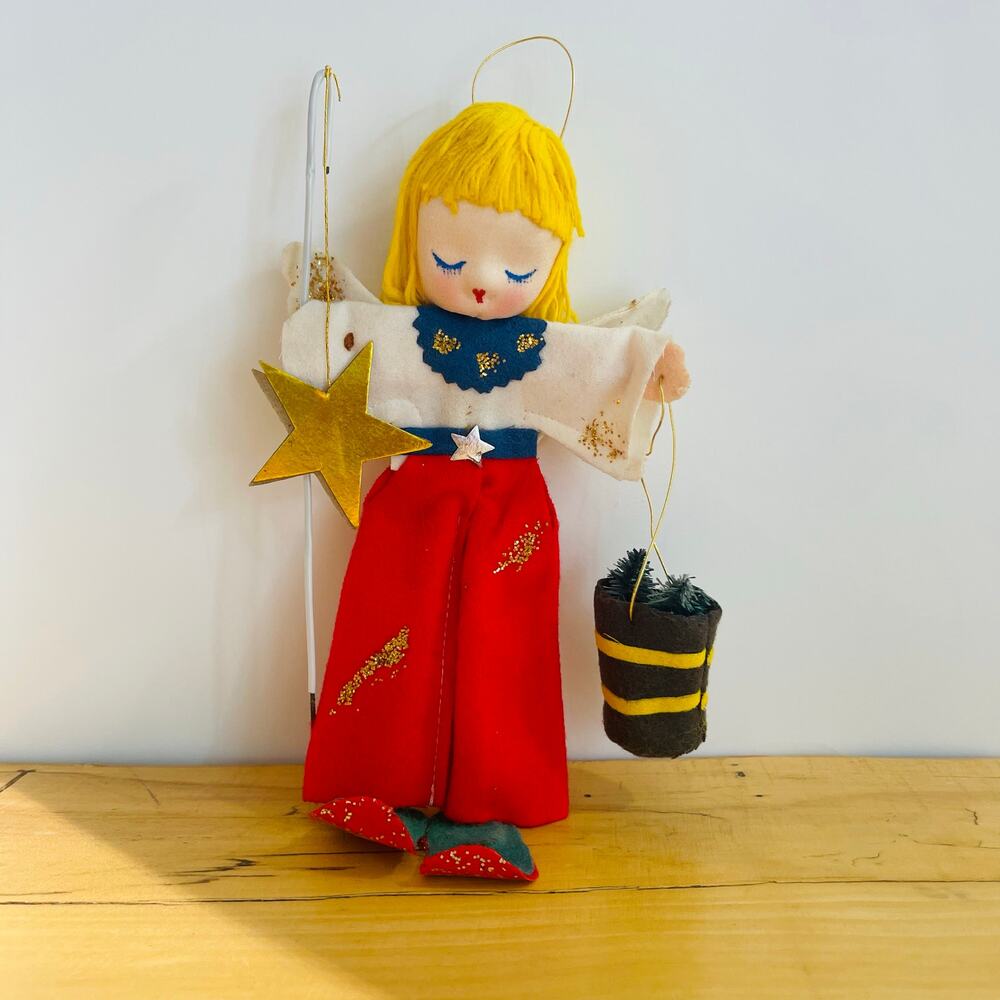 Vtg 50s Christmas Angel Kitschy Ornament Japan Felt Yarn Shepard's Hook Star